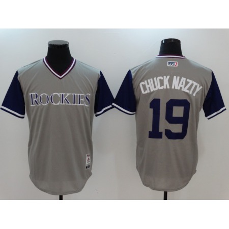 Men's Colorado Rockies #19 Charlie Blackmon "Chuck Nazty" Grey Stitched Jersey Men's Colorado Rockies #19 Charlie Blackmon "Chuck Nazty" Grey Stitched Jersey