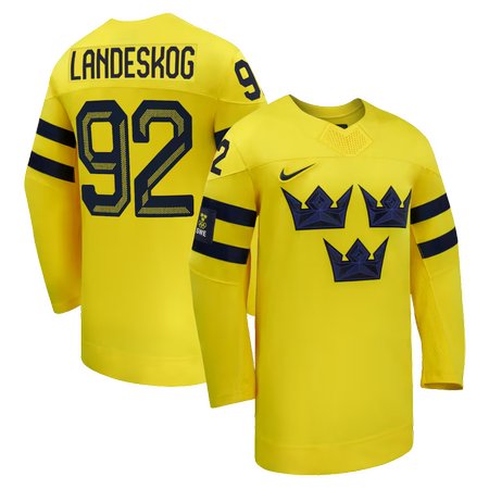 Men's Sweden Hockey #92 Gabriel Landeskog Yellow 2026 Away Replica Jersey