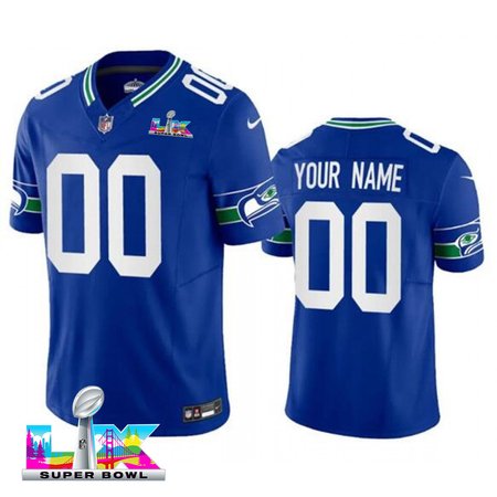 Men's Seattle Seahawks Custom Royal Super Bowl LX Vapor F.U.S.E. Vapor Limited Stitched Football Jersey