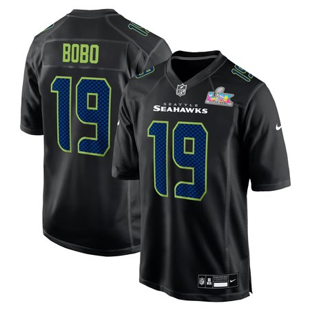 Youth Seattle Seahawks #19 Jake Bobo Black Super Bowl LX Patch Carbon Fashion Game Jersey