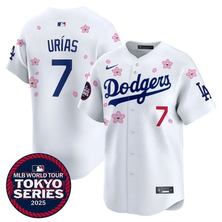 Men's Los Angeles Dodgers #7 Julio Urias White Tokyo 2025 Cool Base Stitched Baseball Jersey Men's Los Angeles Dodgers #7 Julio Urias White Tokyo 2025 Cool Base Stitched Baseball Jersey