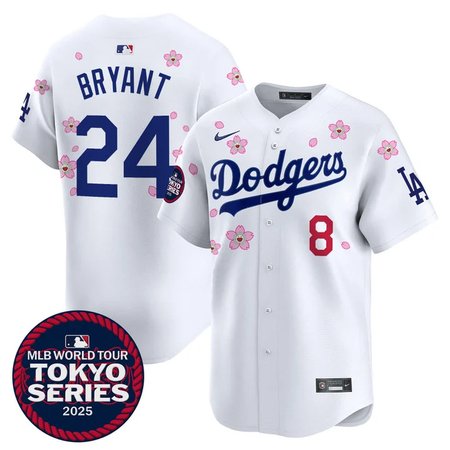 Men's Los Angeles Dodgers #8/24 Kobe Bryant White Tokyo 2025 Cool Base Stitched Baseball Jersey Men's Los Angeles Dodgers #8/24 Kobe Bryant White Tokyo 2025 Cool Base Stitched Baseball Jersey