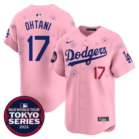 Men's Los Angeles Dodgers #17 Shohei Ohtani Pink Tokyo 2025 Cool Base Stitched Baseball Jersey Men's Los Angeles Dodgers #17 Shohei Ohtani Pink Tokyo 2025 Cool Base Stitched Baseball Jersey
