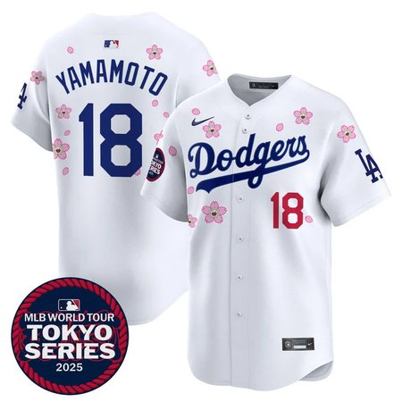 Men's Los Angeles Dodgers #18 Yoshinobu Yamamoto White Tokyo 2025 Cool Base Stitched Baseball Jersey Men's Los Angeles Dodgers #18 Yoshinobu Yamamoto White Tokyo 2025 Cool Base Stitched Baseball Jersey