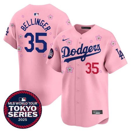Men's Los Angeles Dodgers #35 Cody Bellinger Pink Tokyo 2025 Cool Base Stitched Baseball Jersey Men's Los Angeles Dodgers #35 Cody Bellinger Pink Tokyo 2025 Cool Base Stitched Baseball Jersey