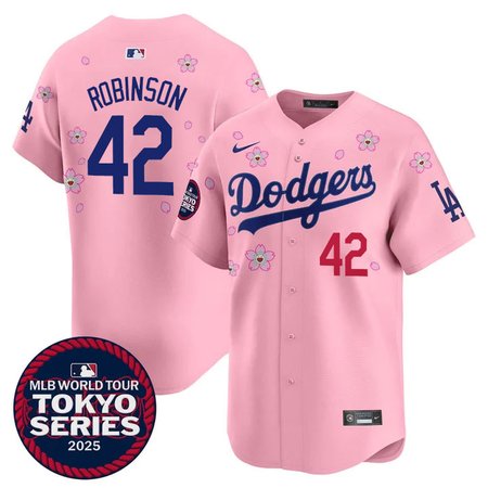 Men's Los Angeles Dodgers #42 Jackie Robinson Pink Tokyo 2025 Cool Base Stitched Baseball Jersey Men's Los Angeles Dodgers #42 Jackie Robinson Pink Tokyo 2025 Cool Base Stitched Baseball Jersey