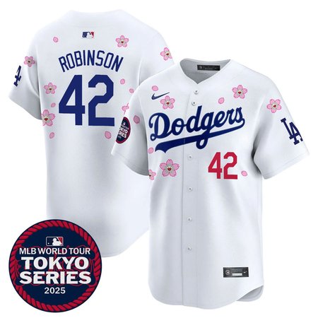 Men's Los Angeles Dodgers #42 Jackie Robinson White Tokyo 2025 Cool Base Stitched Baseball Jersey Men's Los Angeles Dodgers #42 Jackie Robinson White Tokyo 2025 Cool Base Stitched Baseball Jersey