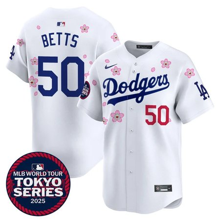 Men's Los Angeles Dodgers #50 Mookie Betts White Tokyo 2025 Cool Base Stitched Baseball Jersey Men's Los Angeles Dodgers #50 Mookie Betts White Tokyo 2025 Cool Base Stitched Baseball Jersey
