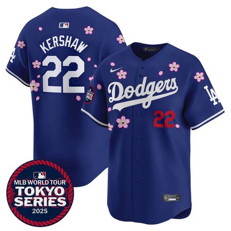 Men's Los Angeles Dodgers #22 Clayton Kershaw Bellinger Royal Tokyo 2025 Cool Base Stitched Baseball Jersey