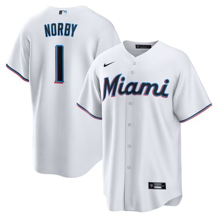 Men's Miami Marlins #1 Connor Norby Nike White Home Replica Jersey