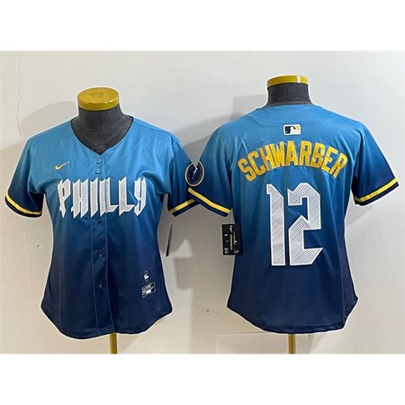 Women's Philadelphia Phillies #12 Kyle Schwarber Blue 2024 City Connect Limited Stitched Baseball Jersey Women's Philadelphia Phillies #12 Kyle Schwarber Blue 2024 City Connect Limited Stitched Baseball Jersey