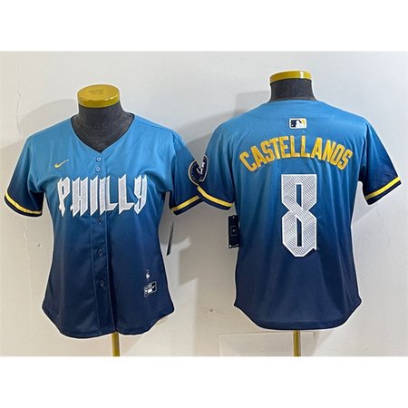 Women's Philadelphia Phillies #8 Nick Castellanos Blue 2024 City Connect Limited Stitched Baseball Jersey Women's Philadelphia Phillies #8 Nick Castellanos Blue 2024 City Connect Limited Stitched Baseball Jersey