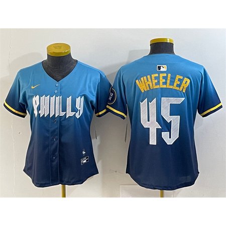 Women's Philadelphia Phillies #45 Zack Wheeler Blue 2024 City Connect Limited Stitched Baseball Jersey Women's Philadelphia Phillies #45 Zack Wheeler Blue 2024 City Connect Limited Stitched Baseball Jersey