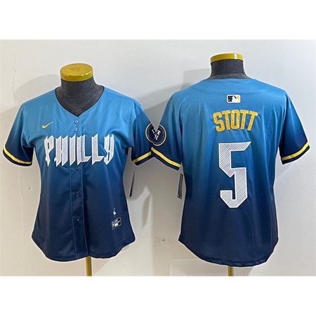 Women's Philadelphia Phillies #5 Bryson Stott Blue 2024 City Connect Limited Stitched Baseball Jersey Women's Philadelphia Phillies #5 Bryson Stott Blue 2024 City Connect Limited Stitched Baseball Jersey