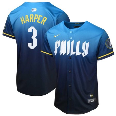Youth Philadelphia Phillies #3 Bryce Harper Blue 2024 City Connect Limited Stitched Baseball Jersey Youth Philadelphia Phillies #3 Bryce Harper Blue 2024 City Connect Limited Stitched Baseball Jersey