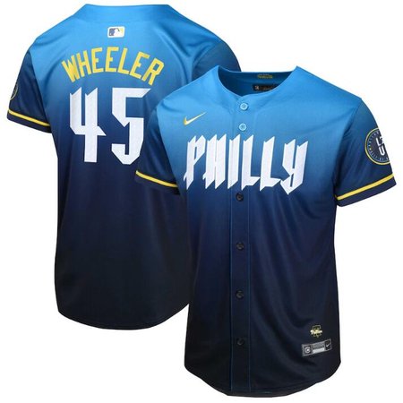 Youth Philadelphia Phillies #45 Zack Wheeler Blue 2024 City Connect Limited Stitched Baseball Jersey Youth Philadelphia Phillies #45 Zack Wheeler Blue 2024 City Connect Limited Stitched Baseball Jersey