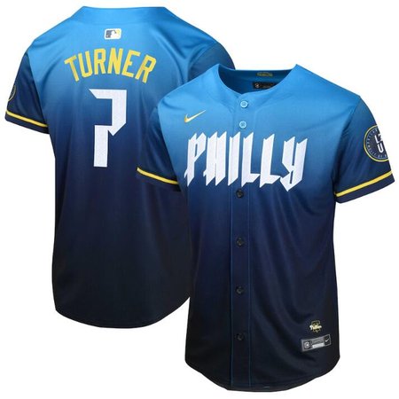 Youth Philadelphia Phillies #7 Trea Turner Blue 2024 City Connect Limited Stitched Baseball Jersey Youth Philadelphia Phillies #7 Trea Turner Blue 2024 City Connect Limited Stitched Baseball Jersey