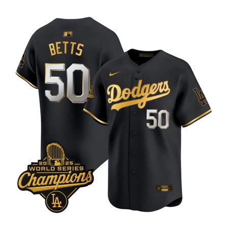 Men's Los Angeles Dodgers #50 Mookie Betts Nike Black Golden 2025 World Series Champions Home Limited Jersey
