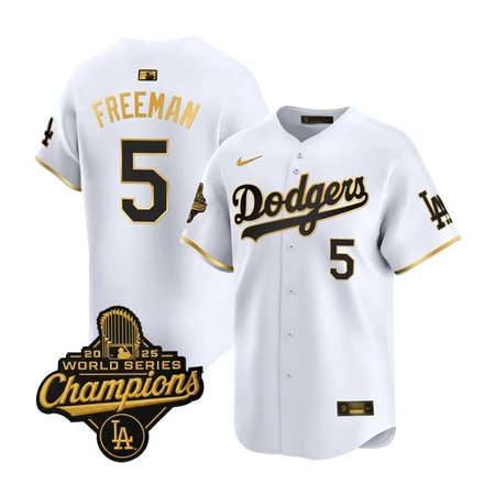 Men's Los Angeles Dodgers #5 Freddie Freeman Nike White Golden 2025 World Series Champions Home Limited Jersey