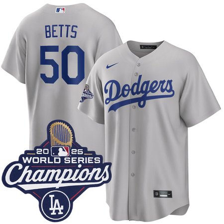 Youth Los Angeles Dodgers #50 Mookie Betts Nike Gray 2025 World Series Champions Home Replica Jersey