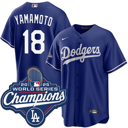 Men's Los Angeles Dodgers #18 Yoshinobu Yamamoto Nike Royal 2025 World Series Champions Home Replica Jersey