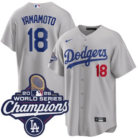 Men's Los Angeles Dodgers #18 Yoshinobu Yamamoto Nike Gray 2025 World Series Champions Home Limited Jersey