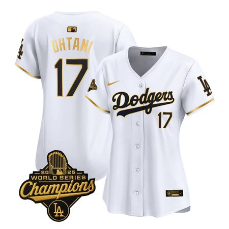 Women's Los Angeles Dodgers #17 Shohei Ohtani Nike White Golden 2025 World Series Champions Home Limited Jersey