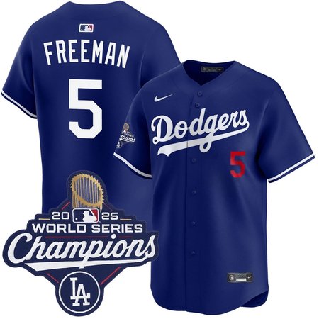 Men's Los Angeles Dodgers #5 Freddie Freeman Nike Royal 2025 World Series Champions Home Limited Jersey