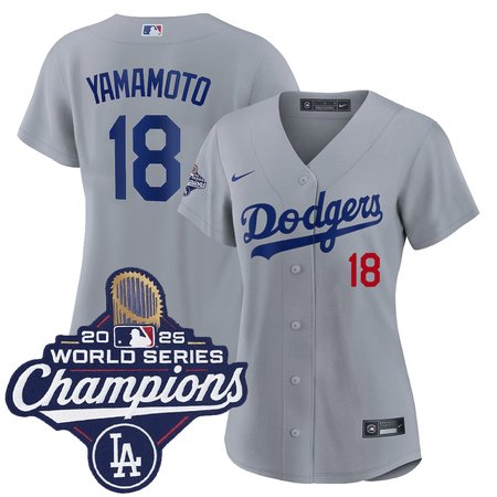 Women's Los Angeles Dodgers #18 Yoshinobu Yamamoto Nike Gray 2025 World Series Champions Home Limited Jersey
