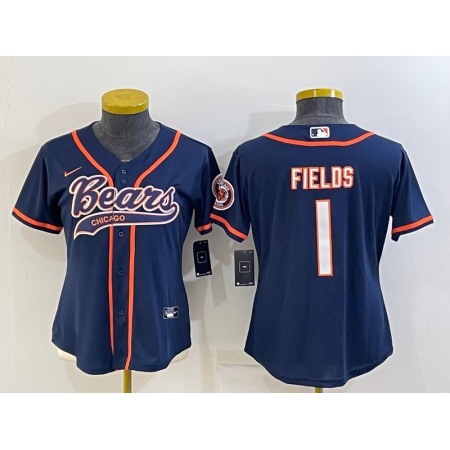Women's Chicago Bears #1 Justin Fields Navy With Patch Cool Base Stitched Baseball Jersey(Run Small) Women's Chicago Bears #1 Justin Fields Navy With Patch Cool Base Stitched Baseball Jersey(Run Small)