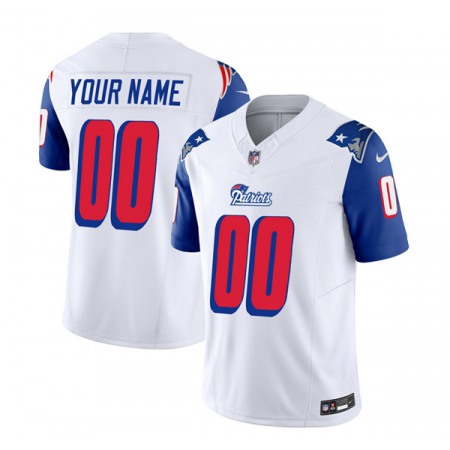 Men's New England Patriots Active Player Custom White/Blue 2023 F.U.S.E. Throwback Limited Stitched Football Jersey Men's New England Patriots Active Player Custom White/Blue 2023 F.U.S.E. Throwback Limited Stitched Football Jersey